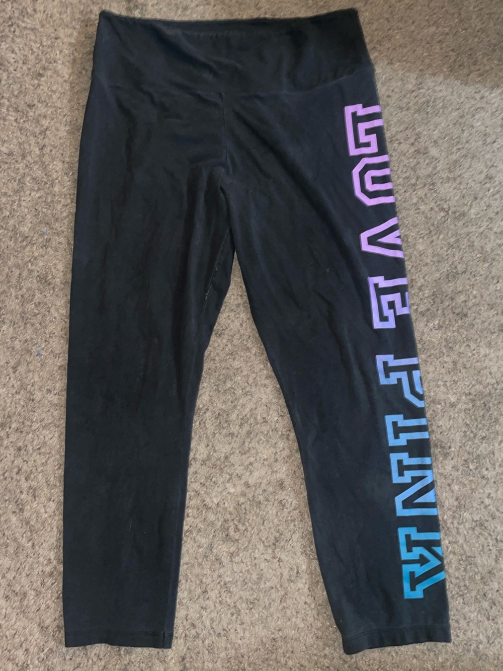 PINK Victoria's Secret Black Leggings with Pink-to-Blue 'LOVE PINK' Side Print